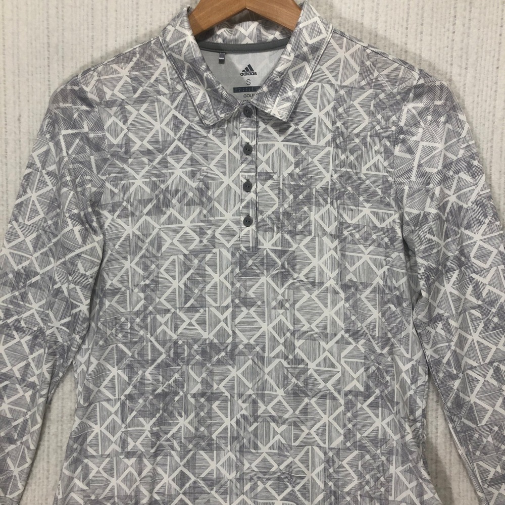 Adidas Golf Polo Shirt Womens Small Gray White Geometric Print Long Sleeve‎